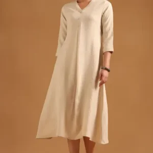 Beige Cotton Blend Solid Dress