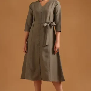 Grey Cotton Blend Solid Dress