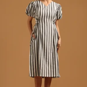 Off White Viscose Blend Digital Printed Striped Dress