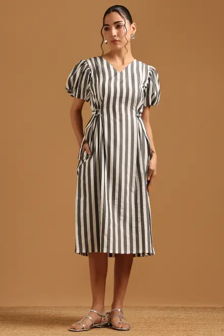Off White Viscose Blend Digital Printed Striped Dress